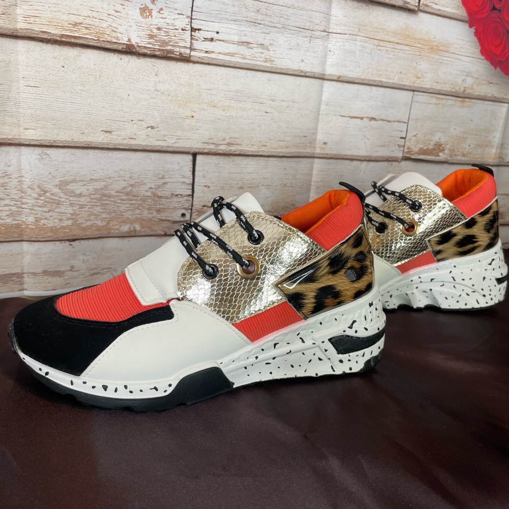 Animal Print Colorblock Lace-Up Wedge Sneakers